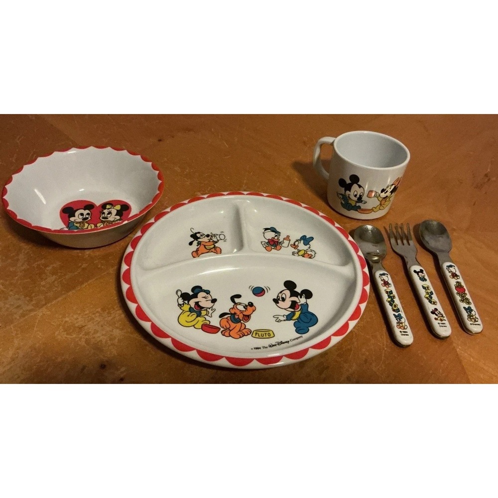 Walt Disney 1984 Child Divided Plate Bowl Cup & Utensils Disney Baby Characters